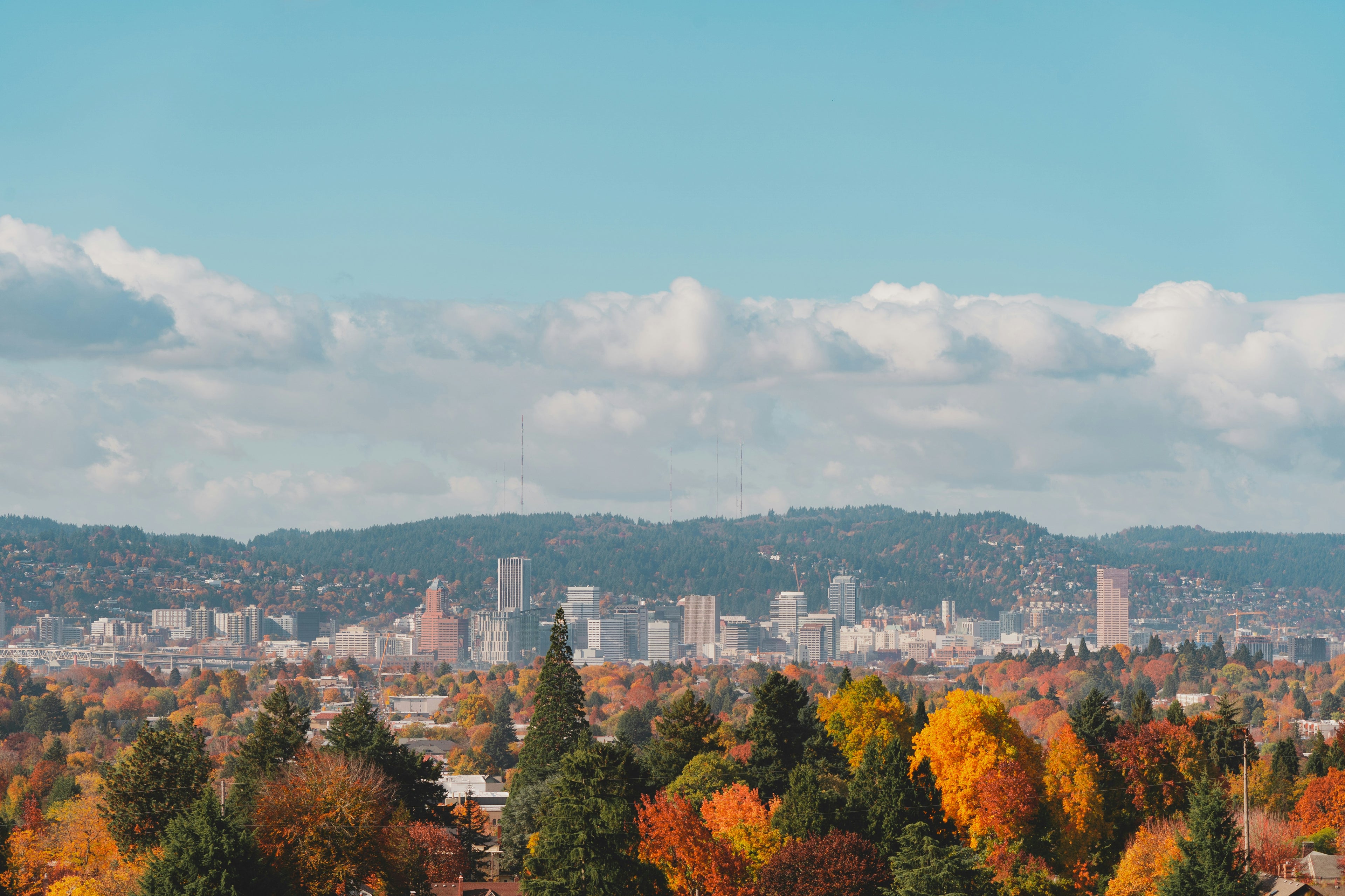 Cityscape with autumn trees and mountains in the background