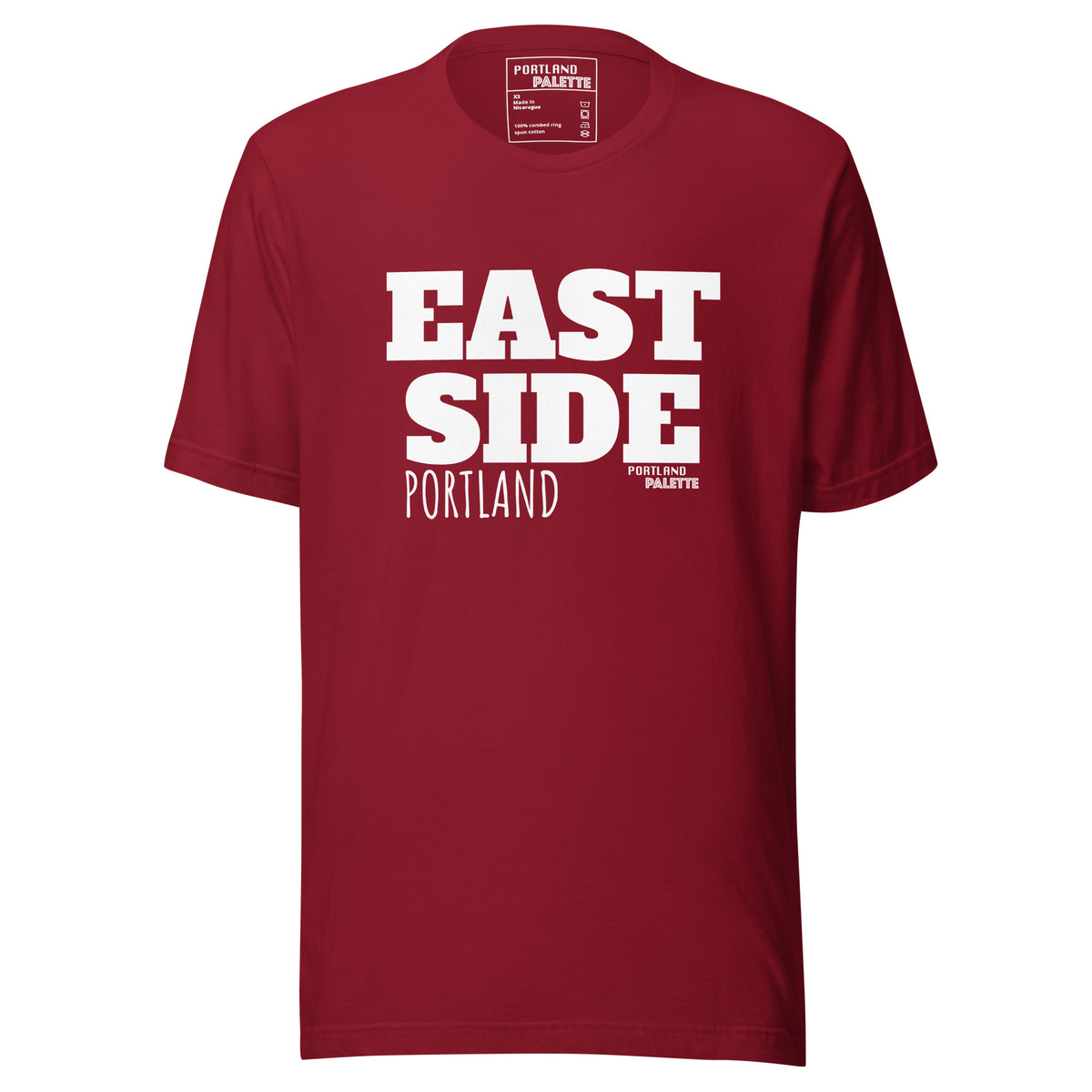 A maroon short-sleeve crewneck t-shirt with bold white text reading 'EAST SIDE PORTLAND' on the front, displayed against a solid white background.
