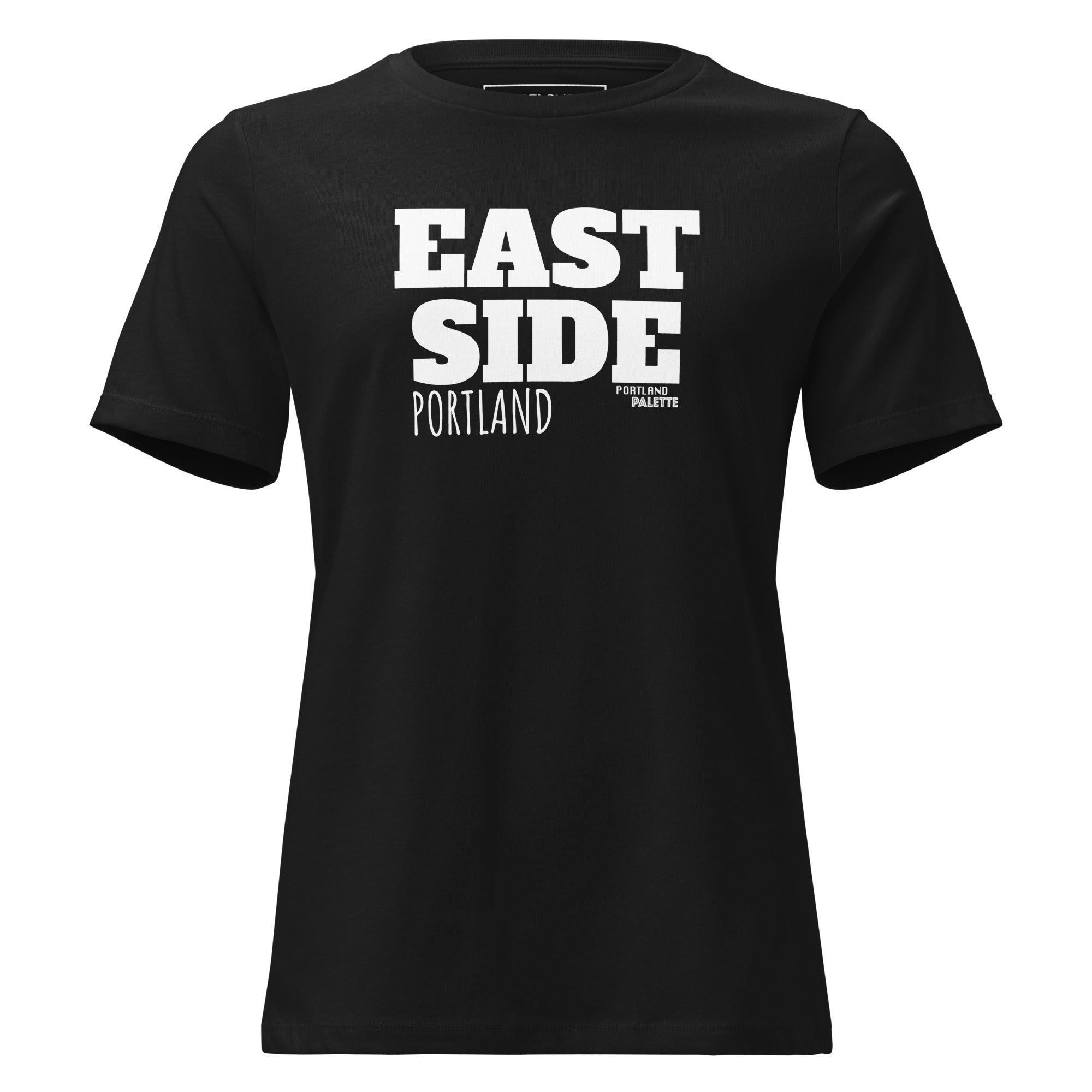 A black short-sleeve crewneck t-shirt with bold white text reading 'EAST SIDE PORTLAND' on the chest, displayed against a solid white background.