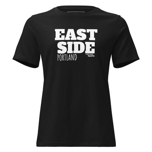 A black short-sleeve crewneck t-shirt with bold white text reading 'EAST SIDE PORTLAND' on the chest, displayed against a solid white background.