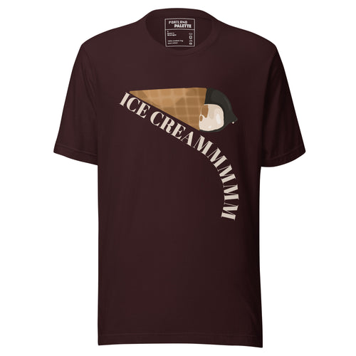 A dark maroon short-sleeve t-shirt with a graphic of an ice cream cone and the text 'ICE CREAMMIIIN' printed on the front, shown against a plain white background.