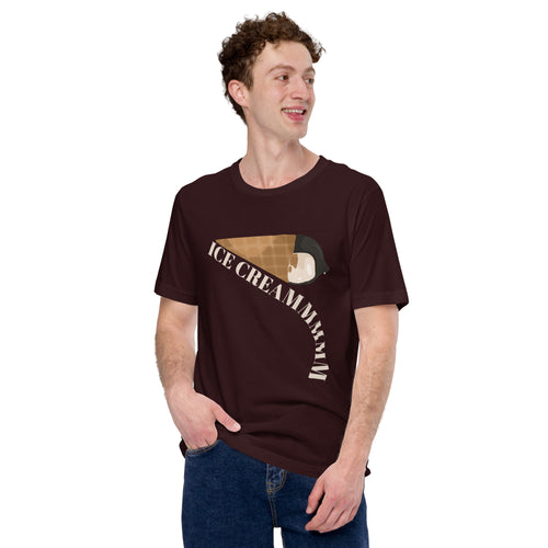 Person wearing a black t-shirt with a graphic design on a white background