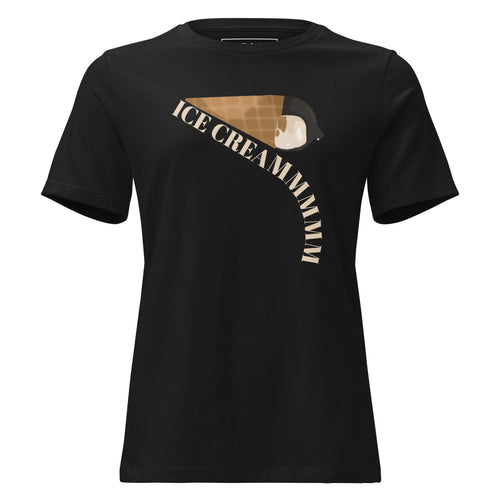 A black short-sleeve crewneck t-shirt featuring a graphic of an ice cream cone with the text 'ICE CREAM' printed in beige along the scoop.