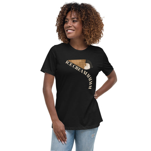 Woman wearing a black t-shirt with 'ICE CREAMMMM' text on a white background